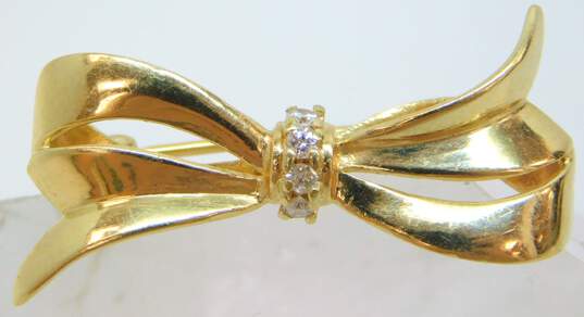 Elegant 14k Yellow Gold Diamond Accent Ribbon Brooch Pin 3.9g image number 1
