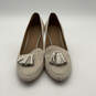 Womens Beige Leather Tassel Almond-Toe Slip-On Block Pump Heels Size 9M image number 1