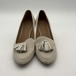 Womens Beige Leather Tassel Almond-Toe Slip-On Block Pump Heels Size 9M
