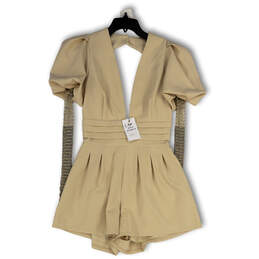 NWT Womens Beige V-Neck Puff Sleeve Back Cutout One-Piece Romper Size S
