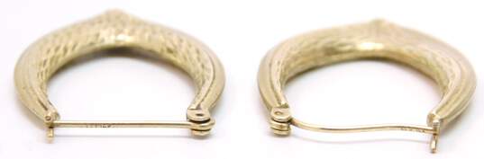 14K Yellow Gold Etched & Satin Textured Pointed Oblong Hoop Earrings 2.6g image number 6
