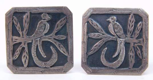 Vintage Guatemala 900 Silver Modernist Quetzal Bird Overlay Etched Square Cufflinks 7.1g image number 1