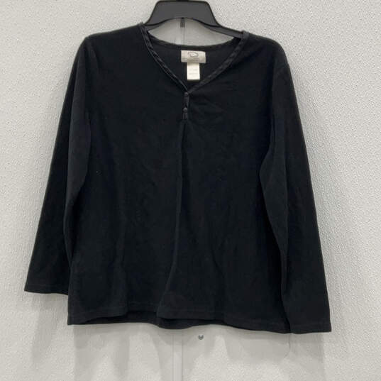 Womens Black Fleece Henley Neck Long Sleeve Pullover Sweater Shirt Size L image number 1