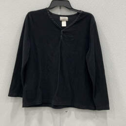 Womens Black Fleece Henley Neck Long Sleeve Pullover Sweater Shirt Size L