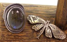 DeMatteo H&H & Ethereal 925 Labradorite Oval Cabochon Rope Spiral Granulated Chunky Saddle Ring & Moth Brooch 20.8g