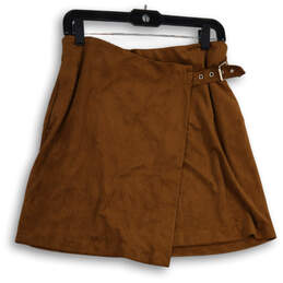 Womens Brown Suede Flat Front Belted Wrap Mini Skirt Size 4