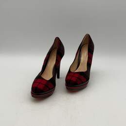 Womens Red Black Plaid Felt Wool Slip-On Stiletto Platform Heels Size 6 B