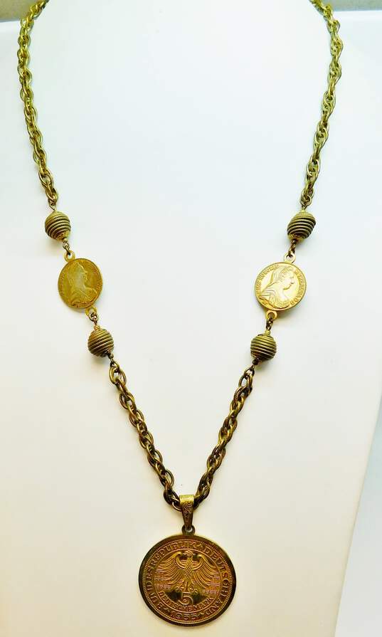 Vintage Miriam Haskell Goldtone Faux German Coins Pendant Station Chain Statement Necklace 60g image number 1