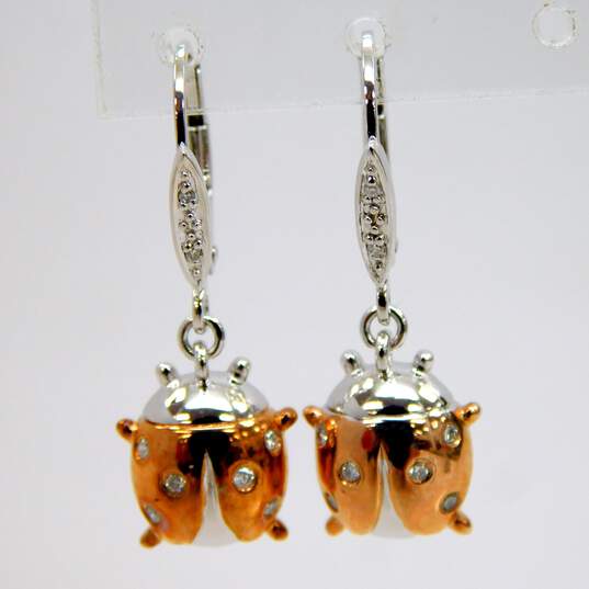925 Vermeil 0.10 CTTW Diamond Lucky Lady Bug Lever Back Earrings 3.2g image number 2
