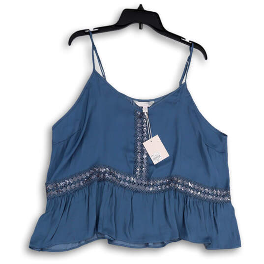 NWT Women Blue Sequin Pleated Front V-Neck Spaghetti Strap Tank Top Sz XXL image number 1
