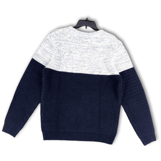 Mens Blue White Knitted Long Sleeve Crew Neck Pullover Sweater Size XL image number 2