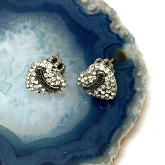 Designer Juicy Couture Silver-Tone Logo Rhinestone Heart Stud Earrings image number 1