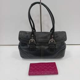 Coach Soho Soft Black Leather Satchel Bag Purse and Purple Wallet