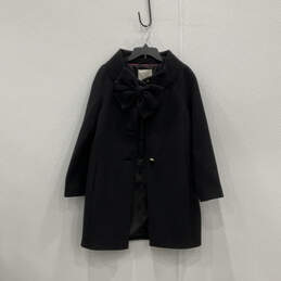 Womens Black Long Sleeve Side Collar Bow Button Front Overcoat Size Small