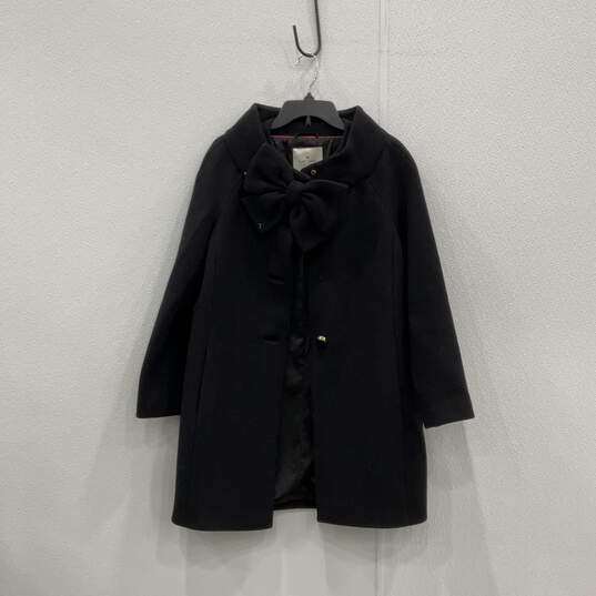 Womens Black Long Sleeve Side Collar Bow Button Front Overcoat Size Small image number 1