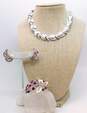 Vintage Lisner Silver Tone Etched Swirl Necklace & Earrings & Icy Red Rhinestone Brooch 81.0g image number 1