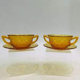 Indiana Glass Daisy Amber Berry Dessert Double Handled Bowls W/ Saucers Set of 2 alternative image
