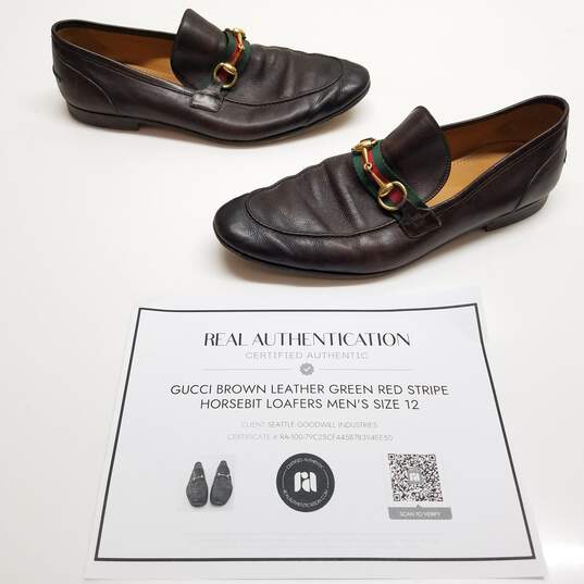AUTHENTICATED MEN'S GUCCI STRIPE HORSEBIT LOAFERS SZ 12 image number 1