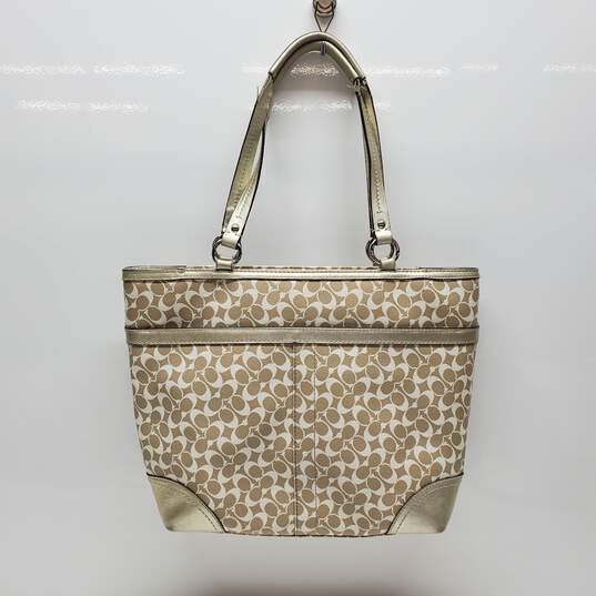 COACH Heritage Signature Stripe Gold White Tote Shoulder Handbag Purse image number 3