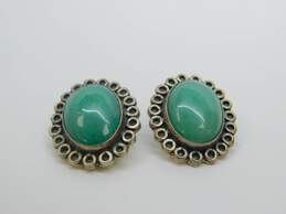 Artisan CII Signed Mexico Sterling Silver Jadeite Cabochon Clip On Earrings 20.9g alternative image