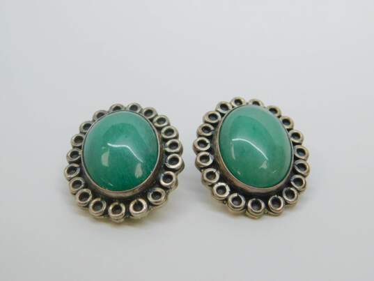 Artisan CII Signed Mexico Sterling Silver Jadeite Cabochon Clip On Earrings 20.9g image number 2