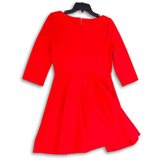 Womens Red Round Neck 3/4 Sleeve Back Zip Fit & Flare Dress Size Medium image number 2