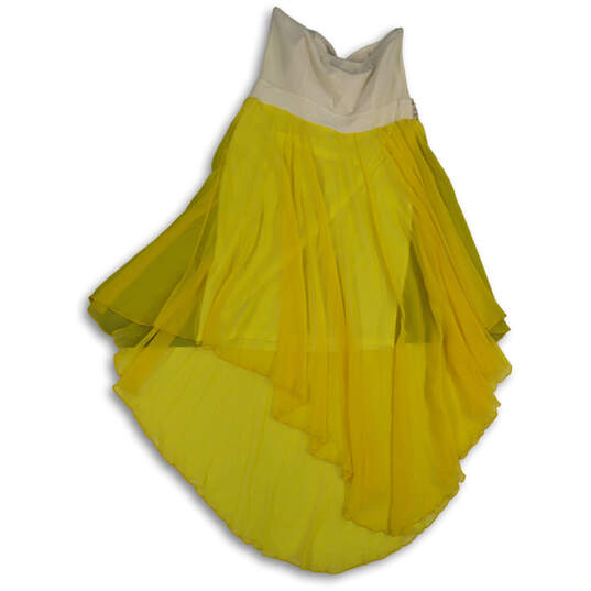 Womens White Yellow Strapless Asymmetrical Hem Beaded Fit & Flare Dress 2XL image number 2
