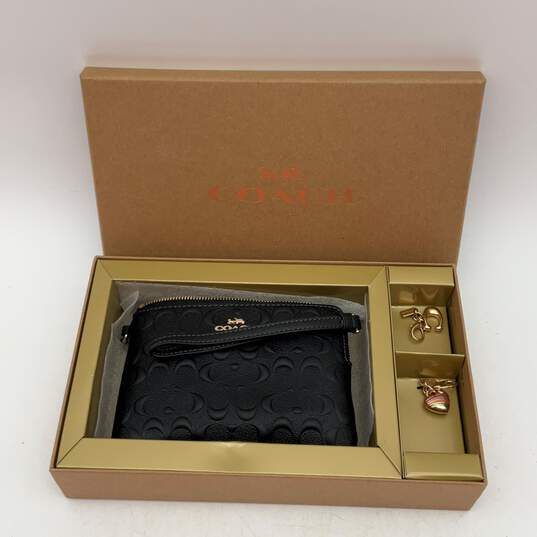 NIB Coach Womens Black Signature Print Coin Purse Wristlet Wallet With Two Charm image number 2