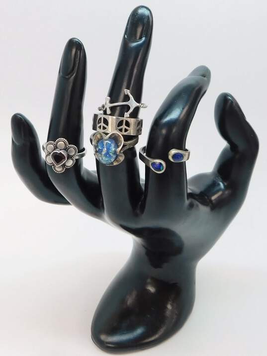 Artisan Sterling Silver Azurite Garnet Glass Peace Sign Anchor Rings 12.7g image number 1