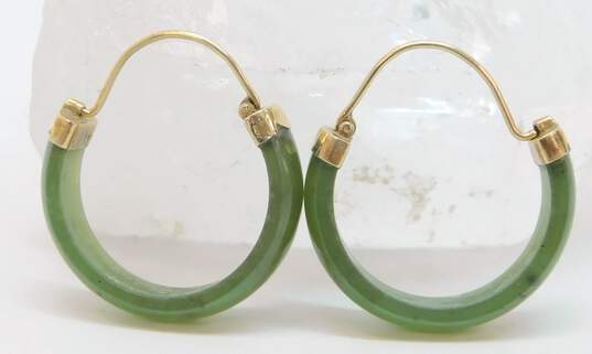 Elegant 14K Yellow Gold Faux Jade Hoop Earrings 2.8g image number 7