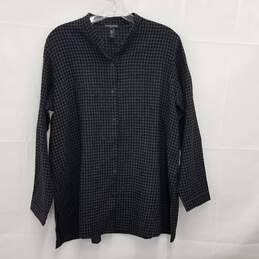 Eileen Fisher Black Gray Check Button Up Top Size PL