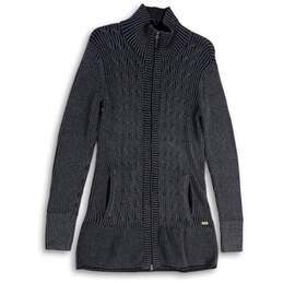 Womens Gray Long Sleeve Pockets Mock Neck Full-Zip Cardigan Sweater Size L