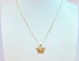 14K Yellow Gold Filigree Butterfly Pendant Necklace 2.1g