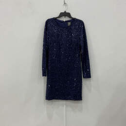NWT Womens Blue Sequin Long Sleeve Round Neck Back Zip Sheath Dress Size 14
