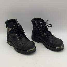Womens Stealth Black Leather Round Toe Lace Up Ankle Biker Boots Size 8 alternative image