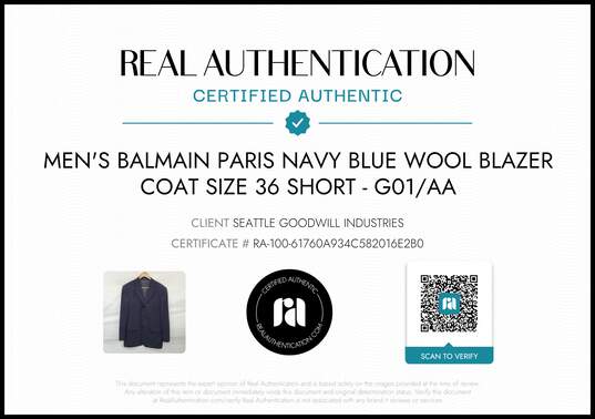 Balmain Paris Men's Navy Blue Wool Blazer Size 36 Short w/COA image number 2