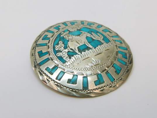 Vintage Taxco MVS & FP Signed 925 Turquoise Inlay Disc Pendant Brooches 38.7g image number 2