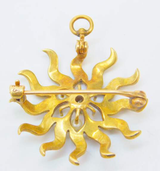 Vintage 14K Yellow Gold 0.02 CT Diamond Seed Pearl Sun Pendant Brooch 4.3g image number 3