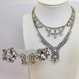 Vintage Silvertone Icy Clear Rhinestones Pendant Necklaces & Cluster Clip On & Drop Screw Back Earrings 65.7g