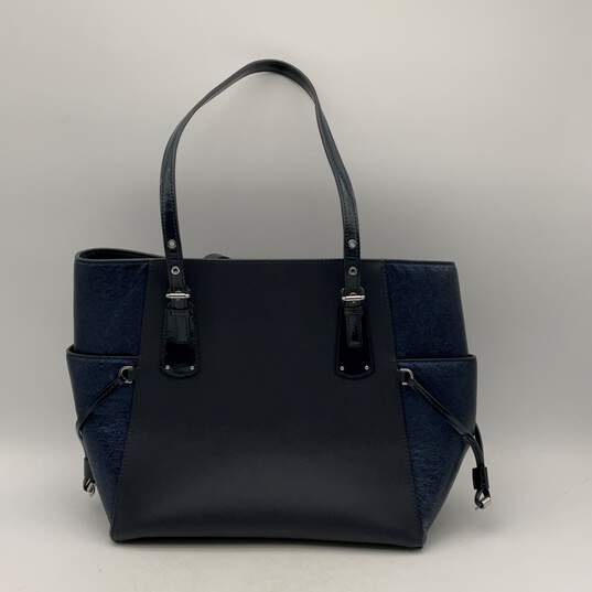 Michael Kors Womens Navy Blue Leather Pockets Bottom Stud Double Strap Tote Bag image number 2