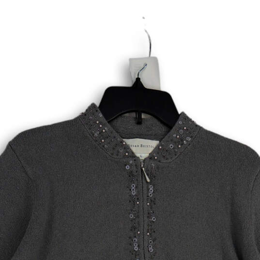 NWT Womens Gray Sequin Knitted Long Sleeve Full-Zip Sweater Size Large image number 3
