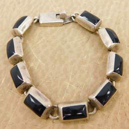 Taxco Mexico Artisan 925 Sterling Silver Faux Onyx Inlay Panel Link Bracelet 31.4g