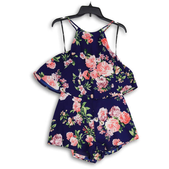 NWT Womens Blue Pink Floral Sleeveless Back Zip One-Piece Romper Size Small image number 1