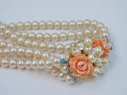 Vintage Floral Rhinestone & Faux Pearl Gold Tone Multi Strand Necklace & Screw Back Earrings 60.8g alternative image