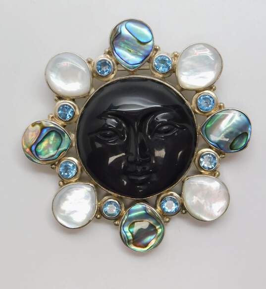 Sajen 925 Goddess Face Carved Purple Sheen Obsidian Faceted Topaz & Mother of Pearl & Abalone Shell Cluster Statement Pendant Brooch 57.4g image number 3