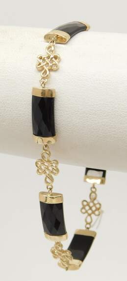 14K Yellow Gold Faceted Black Glass Bars & Chinese Knot Linked Bracelet 7.2g