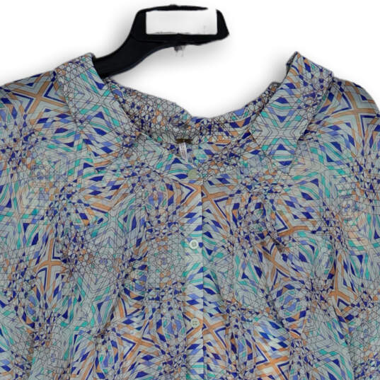 Womens Blue Geometric Sheer High Low Button-Front Blouse Top Size Medium image number 3