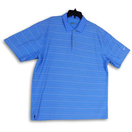 Mens Blue White Dry Fit Striped Spread Collar Short Sleeve Polo Shirt Sz XL