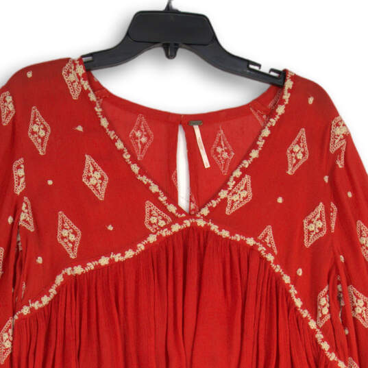 Womens Red Embroidered Oversized Boho Crepe Open Back Tunic Top Size S image number 3