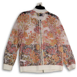 NWT Womens Pink White Floral Embroidered Full-Zip Bomber Jacket Size M alternative image
